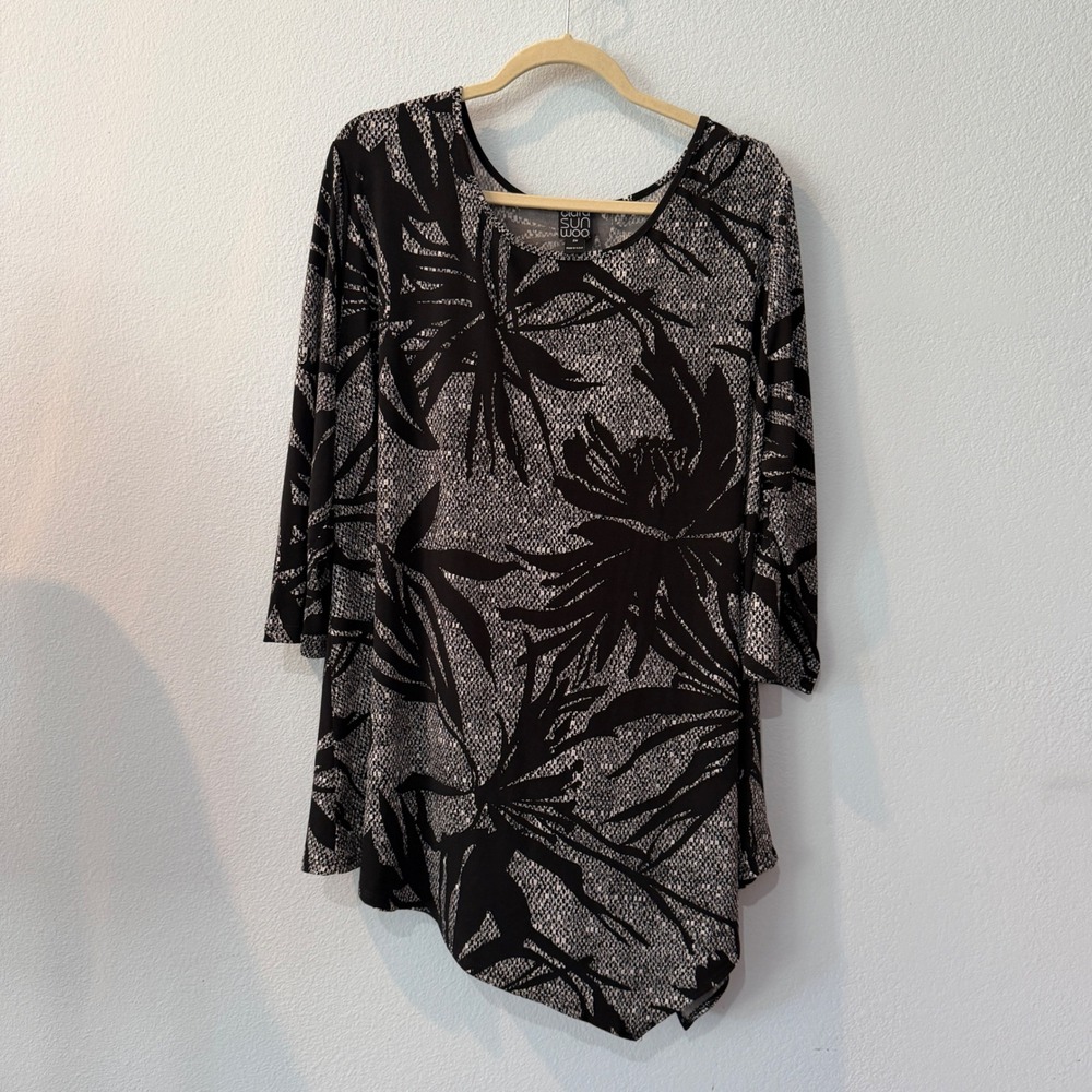 Clara Sunwoo Womens 2X Asymmetrical Tropical Leaf Print 3/4 Sleeve Tunic Top